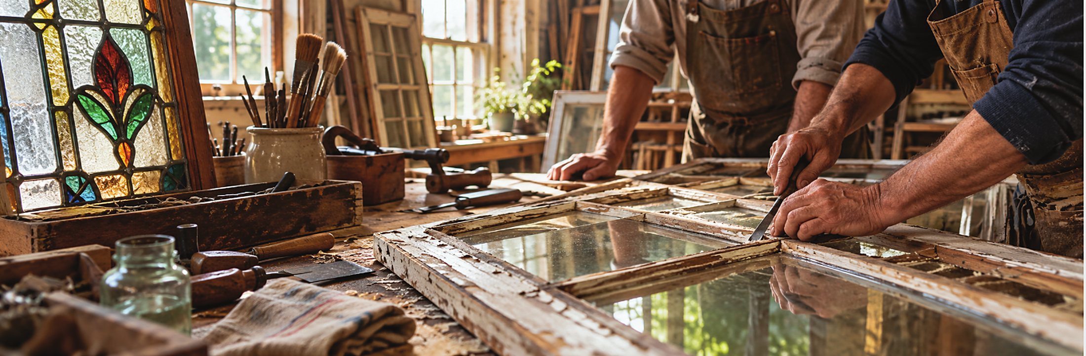 Craftsmen restoring wood window sashes in the workshop