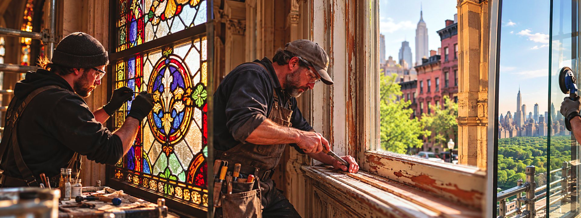 Craftsmen restoring stained glass and wood windows